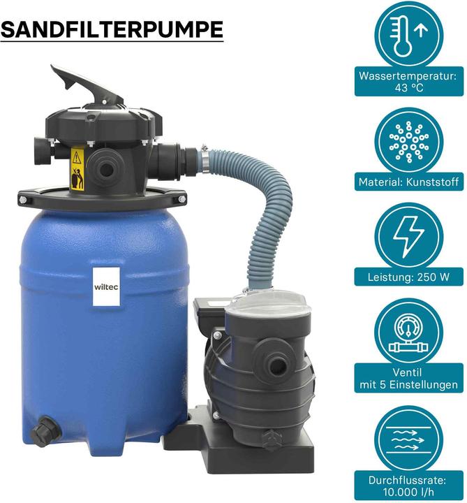 Produktbild Wiltec Sandfilteranlage 250W 14l Filtertank 10000l/h Pool Pumpe Filterpumpe