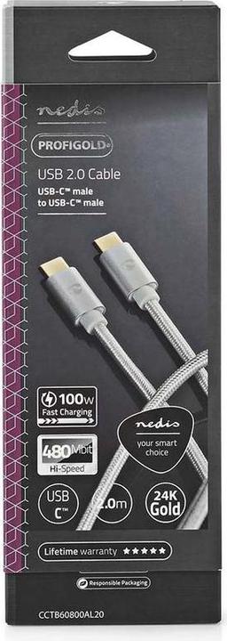 Actual product image Nedis USB cable USB 2.0 USB-C plug USB-C plug 100W 480 Mbps Gold-plated 2.00 m round Braided/N (2 m, USB 2.0, 100 W)