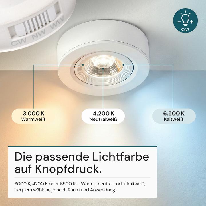 Produktbild Luxula LED CCT Downlight, Ein- und Aufbaustrahler, schwenkbar, weiss, 5 W, 500 lm (500 lm)