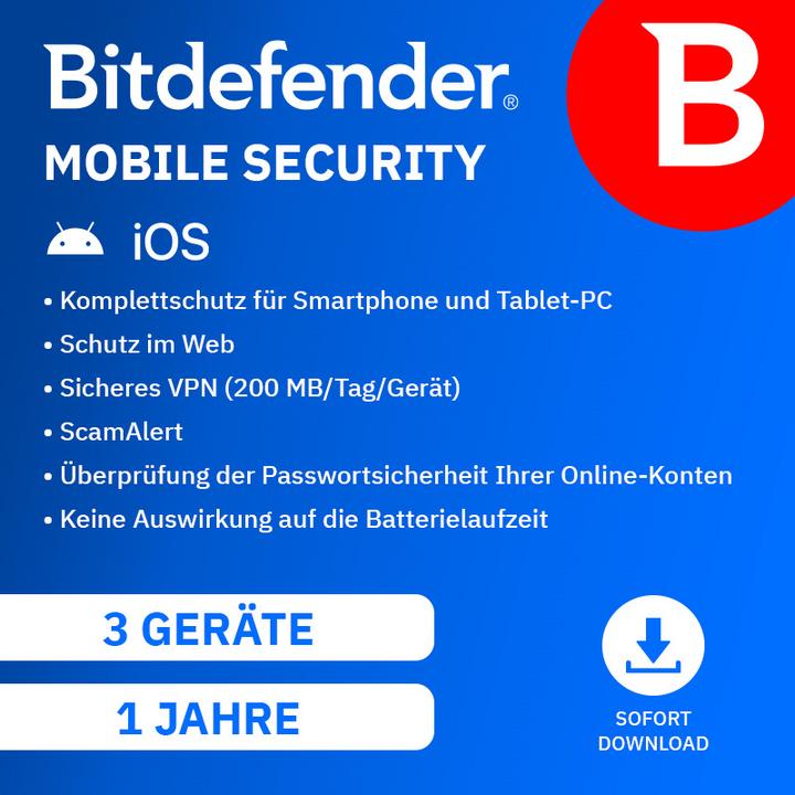 Produktbild Bitdefender Mobile Security Download Code (1 User, 3 Geräte/User, 12 Monate)