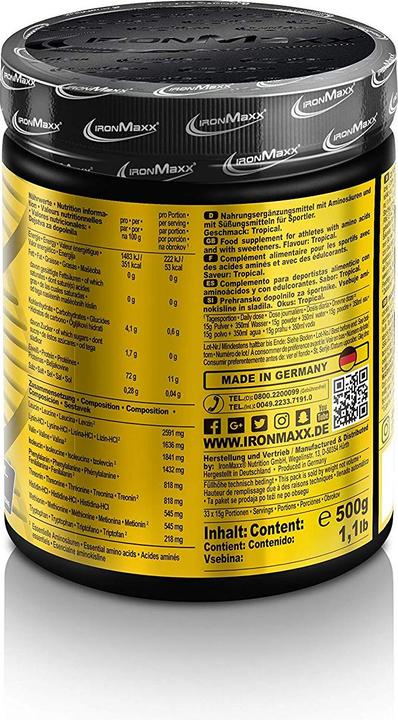 Nutritional values and ingredients IronMaxx 100% EAAs Zero (500 g, 1x, Tropical)