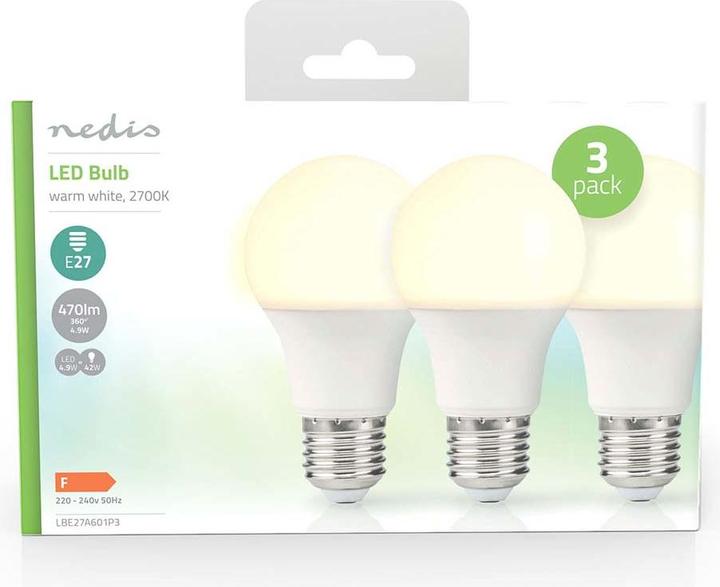 Actual product image Nedis LBE27A601P3 LED lamp E27 A60 4.9 W 470 lm 2700 K Warm white 3 pieces (E27, 470 lm, 3x)