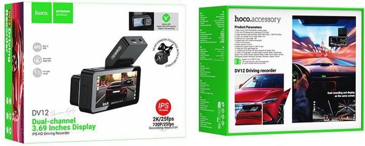 Produktbild Hoco Dash + Rear Camera DV12, 2K, Wi-Fi, GPS, 3.69inch LCD, Black (GPS-Empfänger, WLAN, 2K)