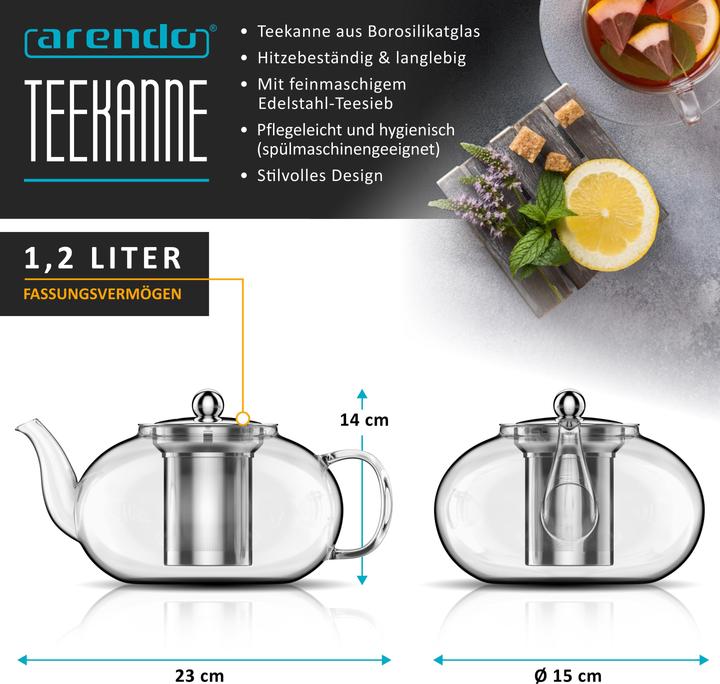 Produktbild Arendo Teekanne Glas Teebereiter mit Stövchen & Sieb für losen Tee, 1,2l, Borosilikatglas, Hitzebeständig (1.20 l)