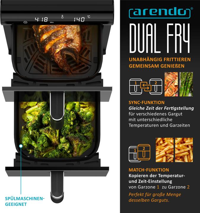 Produktbild Arendo Heissluftfritteuse Doppelstock, Dual Zone Airfryer 11L, Sichtfenster, Doppelkammer, 2800 W, Zubehör