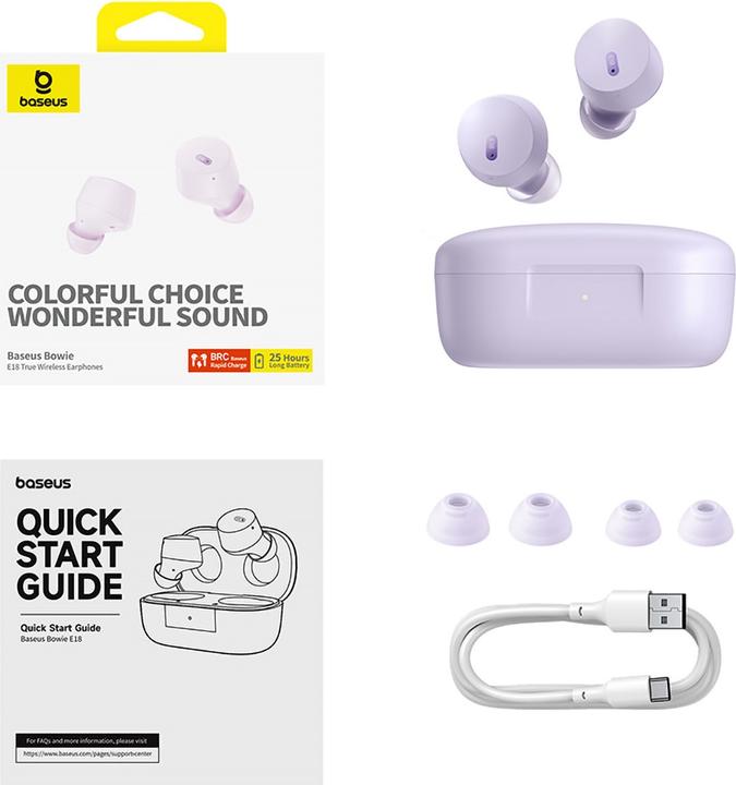 Actual product image Baseus Bowie E18 wireless TWS ENC IPX4 headphones - purple (25 h, Cable, Wireless)