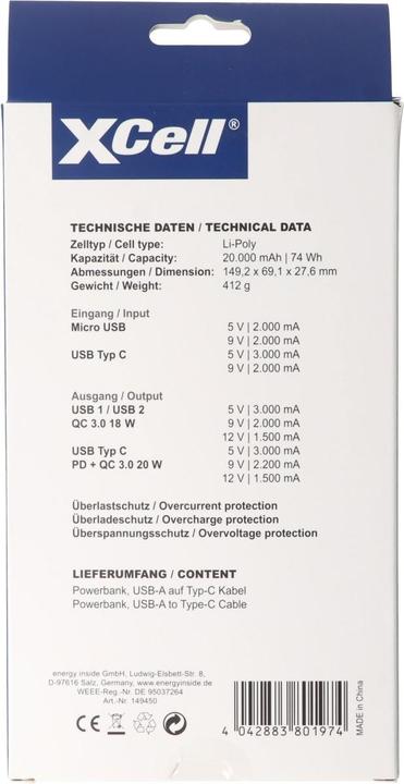Label énergétique XCell Banque d'alimentation X20000PD d'une capacité de 20 000 mAh, USB-C PD3.0, Quick-Charge, écran LED (20 mAh)
