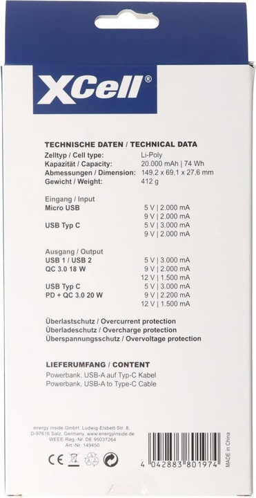 Energie-Label XCell Powerbank X20000PD mit 20.000mAh Kapazität, USB-C PD3.0, Quick-Charge, LED-Display (20 mAh)