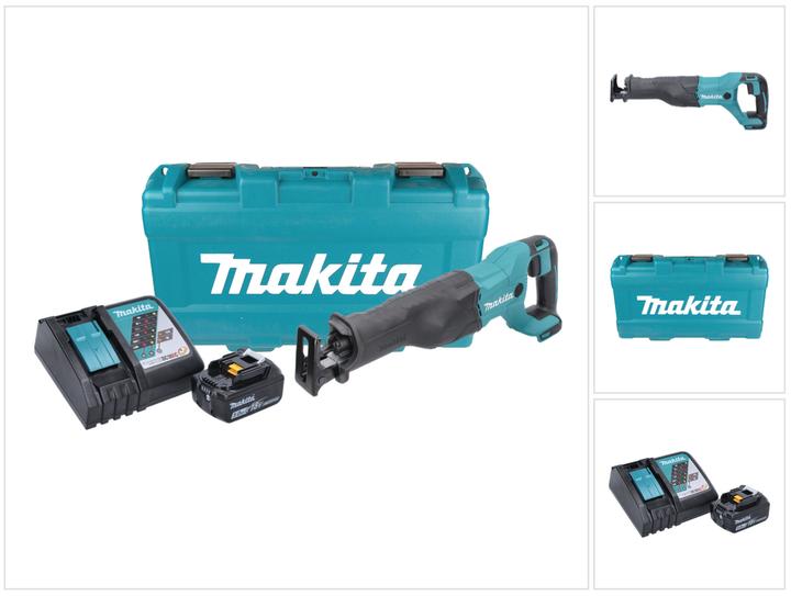 1x sega a batteria Makita DJR 186, 1x batteria Makita BL 1850 B 18 V 5.0 Ah, 1x caricabatterie Makita DC 18 RC, 1x valigetta di trasporto Makita, 2x lama Makita