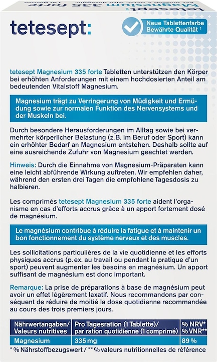 Nährwerte und Zutaten Tetesept Magnesium 335 forte (32 Stück, Tabletten, 56 g)