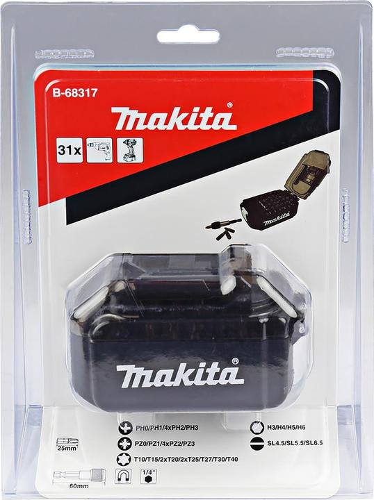 Produktbild Makita Bit-Set (PH0, PH, PH1, PH2, PH3, PZ0, PZ1, PZ2, PZ3, T10, T15, T20, T25, T27, T30, T40, H3, H4, H5, H6, SL 1.2 x 6.5, SL 0.8 x 5.5, SL 0.6 x 4.5)