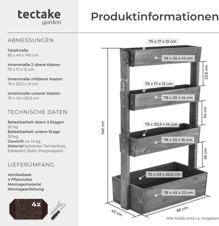 Immagine prodotto tectake Aiuola verticale Flora, legno verniciato, incluso tessuto non tessuto per piante