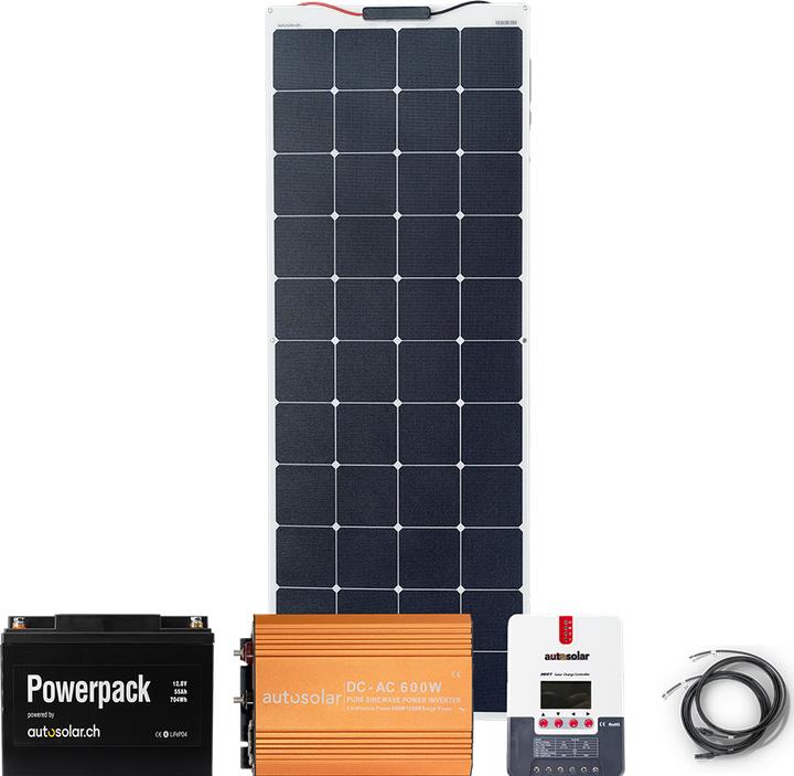 Immagine prodotto Autosolar Pacchetto completo 160W flessibile + batteria al litio da 55Ah e inverter da 600W + materiale di (165 W)
