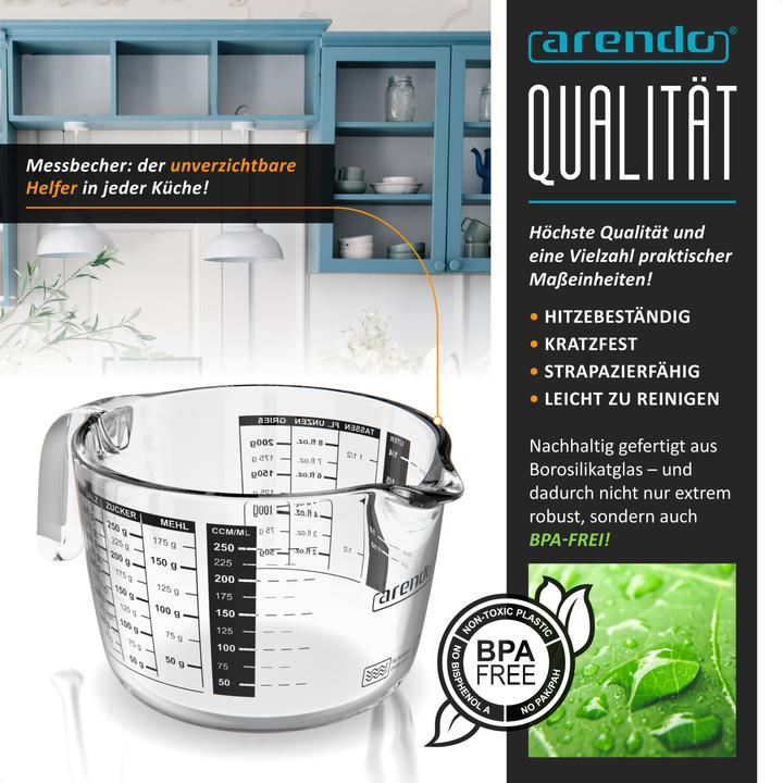 Actual product image Arendo Messbecher 250 ml Glas Messkrug, Borosilikatglas, Mikrowellengeeignet, Glas, 0,25 L, Skala (250 ml)