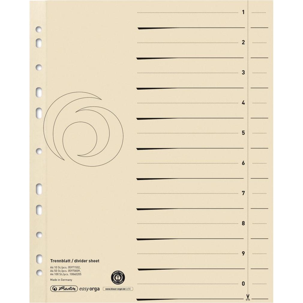 Herlitz, Ordner Zubehör, Trennblätter, A4 Überbreite, Manilakarton, chamois schwarzer Organisationsdruck, 6-fach Lochung...