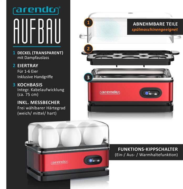 Actual product image Arendo Edelstahl Eierkocher 6-fach, 400 W, Edelstahl, Warmhaltefunktion, Härtegrad einstellbar, rot