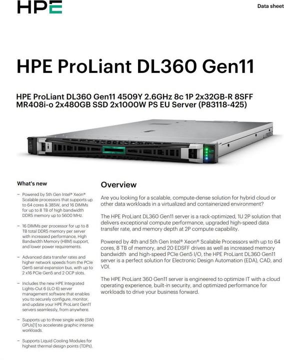 Actual product image HP E ProLiant DL360 Gen11, 9Y 8 Core, RDIMM 2R 5600 MT/s, 8xSFF, SATA RI (64 GB, Rack Server)