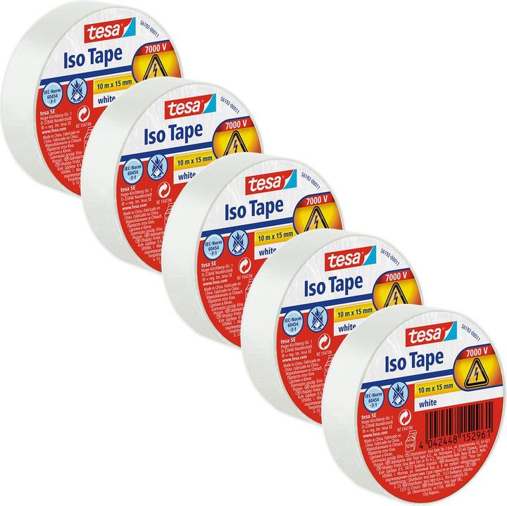 Produktbild tesa 5x Elektro Isolierband, hitzebeständiges Klebeband zum Isolieren, Reparieren & Bündeln, Fünferpack (15 mm)