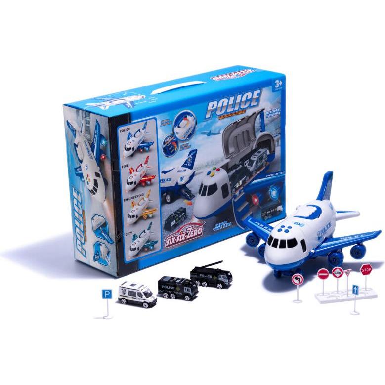 Thumbnail - Ikonka Transporter-Flugzeug + 3 Polizeiautos
