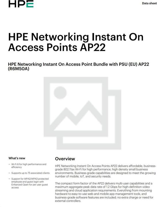 Image du produit Aruba E Instant On AP22 Access Point Bundle, With PSU, Base EU, Includes /18W Power Adaptor wit (1200 Mbit/s)