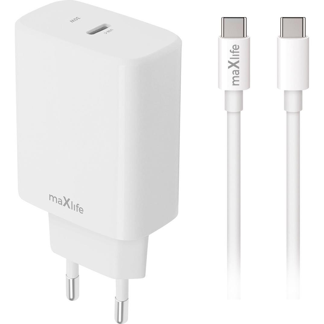 Maxlife MXTC-10-30C PD QC charger 1x USB-C 30W white + USB-C - USB-C cable 60W (30 W), Caricatore USB, Bianco