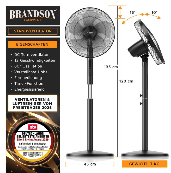 Actual product image Brandson Standventilator, Fernbedienung, DC, leise, energiesparend, Oszillation, Timer, 43 cm Ø, 12 Stufen (59 dB)