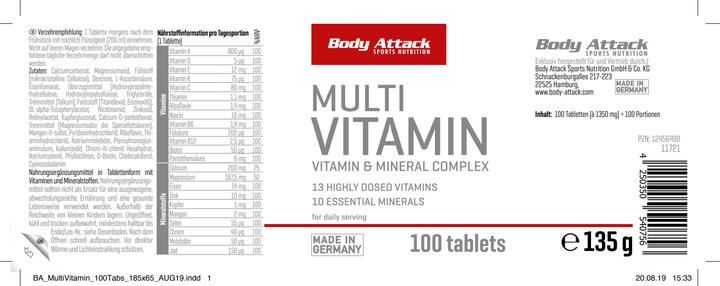 Nutritional values and ingredients Body Attack Multivitamin (100 tabs) (Neutral, 100 pcs., 135 g)