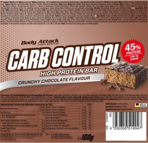 Nutritional values and ingredients Body Attack Carb Control (15x100g bars) (1500 g, 15 pcs.)