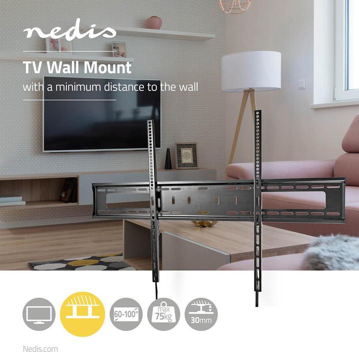 Produktbild Nedis TVWM3050BK - Pevný Nástěnný Držák TV | 60-100" | Max. 75 kg | Vzdálenost od Stěny 30.5 mm (Wand, 75 kg, 60" - 100")