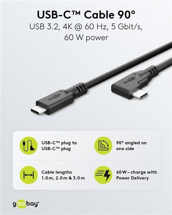 Produktbild Goobay USB-C-Kabel 90°, 3 m, schwarz (3 m, USB 3.2 Gen 1, 60 W)