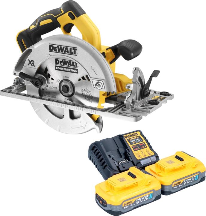 1x sega circolare portatile a batteria DeWalt DCS 572, 2x batteria DeWalt DCBP 518 18 V 5.0 Ah Powerstack, 1x caricatore rapido DeWalt