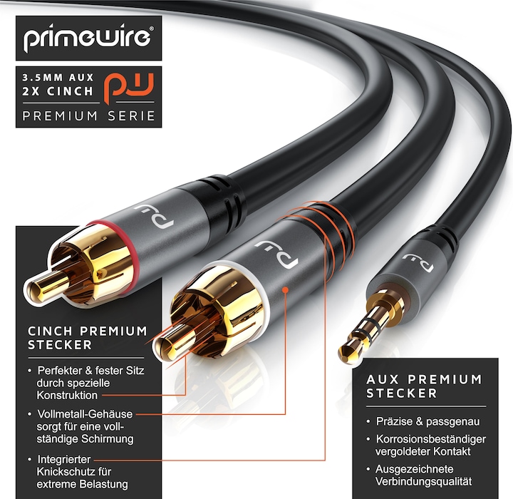 Produktbild Primewire Cinchkabel - Cinch zu 3,5mm Klinke Audio Kabel, RCA, AUX, Stereo HiFi Adapter mehrfach geschirmt (0.50 m, 3.5mm Klinke (AUX), Cinch)