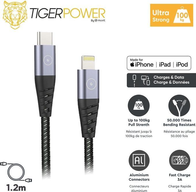 Produktbild Muvit Tiger Cable Ultra Resistant Type C/Lightning Mfi 1.2m Gris (1.20 m, USB 2.0)