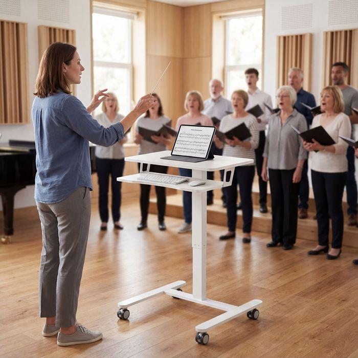 Produktbild Swisshandel24 Höhenverstellbarer Stehschreibtisch, Rollen, Stahlrahmen, Weiss
