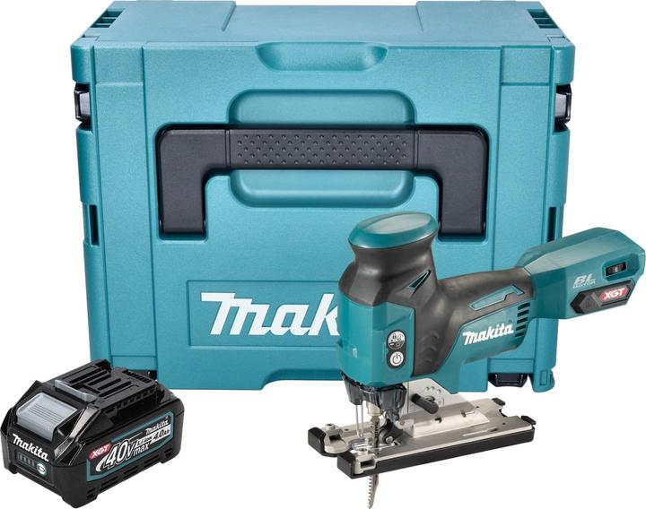 1x Makita JV 001 G Akku Stichsäge, 1x Spanreissschutz (415524-7), 1x Sechskantstiftschlüssel 4 mm (783202-0), 1x Stichsägeblatt B-10 Holz, Kunststoff (A-85628), 1x Stichsägeblatt B-22 Metall, Kunststoff (A-85737), 1x Stichsägeblatt BR-13 Holz (A-85793), 1x Makita BL 4040 40 V max. 4,0 Ah XGT Li-Ion Akku, 1x Makita MAKPAC, 1x Universaleinlage, ohne Ladegerät