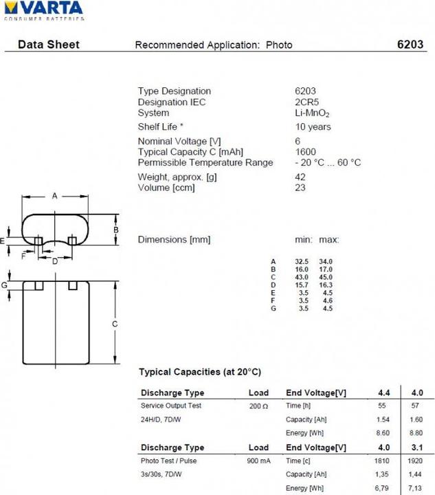 Produktbild Varta Batterien Photo Lithium 2 CR 5 (1 Stk., 2CR5, 1600 mAh)