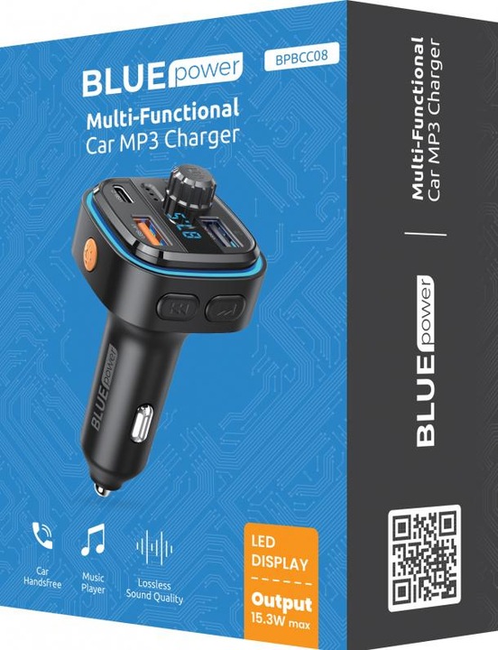 Actual product image Blue Power BT FM Transmitter and Car Charger BPBCC08, 2 x USB-A - 1 x USB C - 1 x microSD, black
