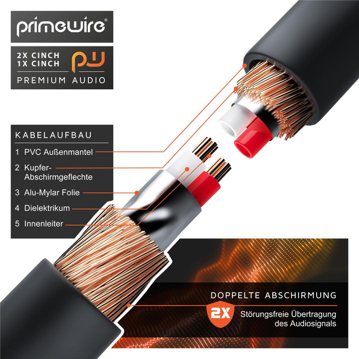 Produktbild Primewire Cinch Audio Kabel - Y-Cinch Koaxialkabel - Subwooferkabel - 1 Cinch-Stecker zu 2 Cinch-Stecker (7.50 m, Cinch Kabel)