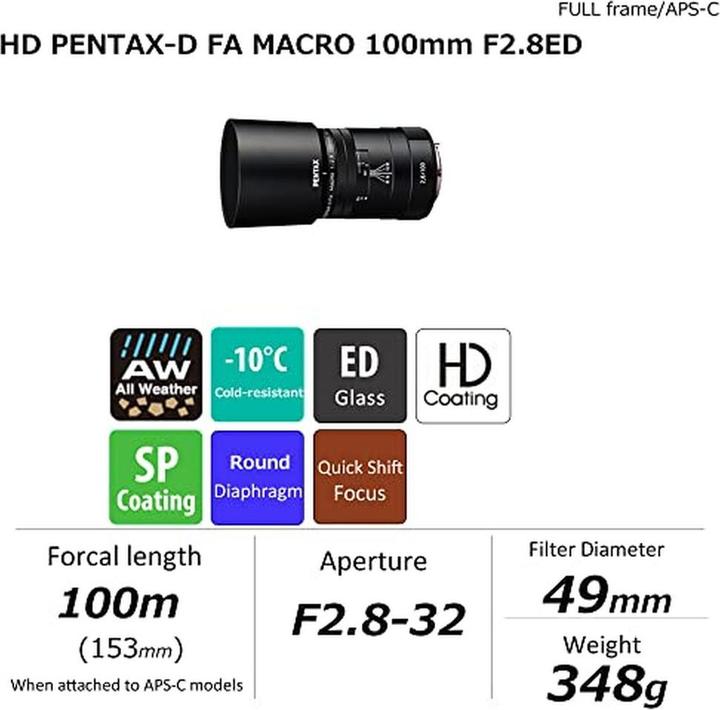 Productafbeelding Pentax HD DFA 100 Macro f2.8 ED AW Zwart (Pentax KAF, Volledig formaat, APS-C / DX)
