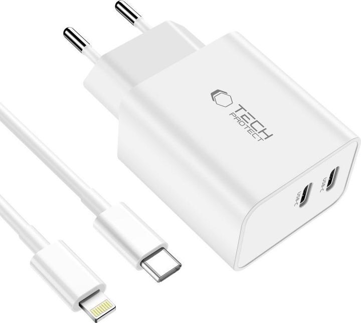 Produktbild Tech-Protect C35W 2x USB-C PD 35W network charger with USB-C / Lightning cable - white (35 W, 2 Ports)