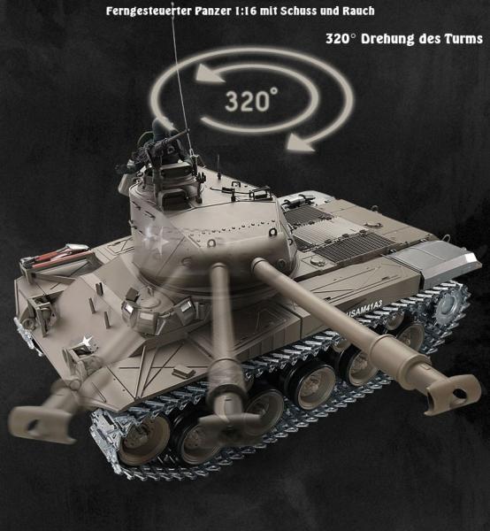 Immagine prodotto Es-toys Carro armato RC M41 A3 "WALKER BULLDOG" Heng Long 1:16 con R&S, cambio in metallo e cingoli in (RTR pronto all'uso)