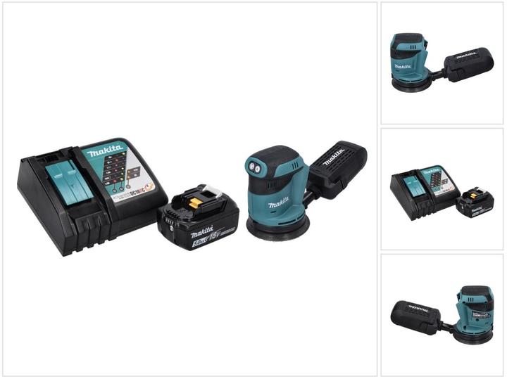 1x Makita DBO 180 Akku Exzenterschleifer, 1x Schleifpapier, 1x Staubsammelaufsatz, 1x Makita BL 1850 B 18 V 5,0 Ah Akku, 1x Makita DC 18 RC Ladegerät