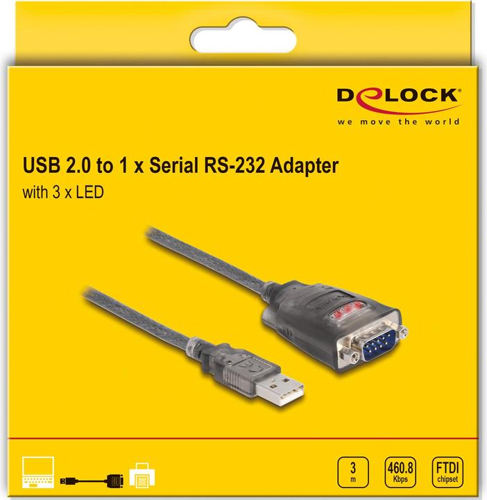 Produktbild Delock Adapter USB 2.0 Typ-A zu 1 x Seriell RS-232 D-Sub 9 Pin Stecker mit Muttern mit 3 x LED 3 m (3 m)