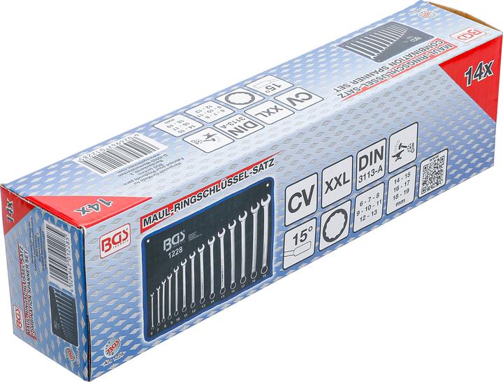 Produktbild BGS Maul-Ringschlüssel-Satz extra lang SW 6 - 19 mm 14-tlg. (19 mm, 6 mm, 12 mm, 14 mm, 16 mm, 10 mm, 18 mm, 7 mm, 17 mm, 11 mm, 15 mm, 8 mm, 9 mm, 13 mm)