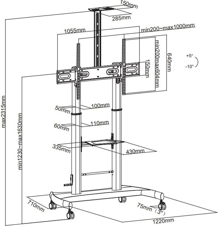Produktbild Techly TV Trolley für LCD LED TV 60"-100", mit Ablage (100 kg, 60" - 100")