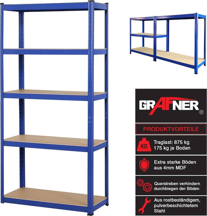 Produktbild Grafner Schwerlastregal 1,80m Werkstattregal auf 5 Ebenen 875kg Traglast blau