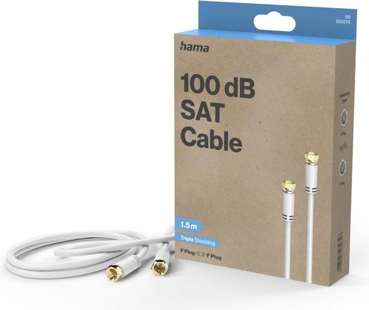 Produktbild Hama SAT-Anschlusskabel, F-Stecker - F-Stecker, vergoldet, 1,5 m, 100 dB, Weiss (100 dB, Antennenkabel)