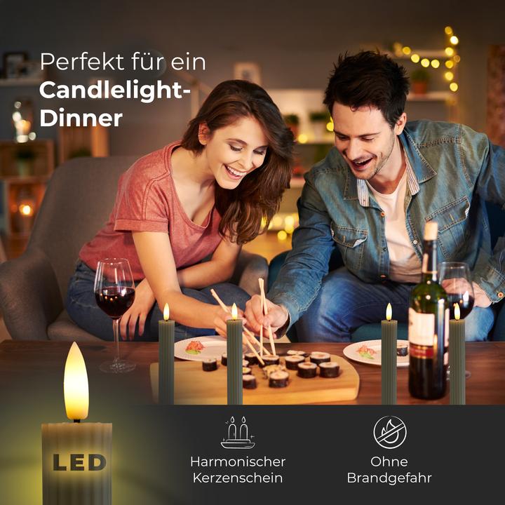 Produktbild Novaliv LED Stabkerzen 12 Stück ECHTWACHS gerippt TAUPE GRAU mit Timer Funktion 6 Stunden 23cm Höhe für (12x)