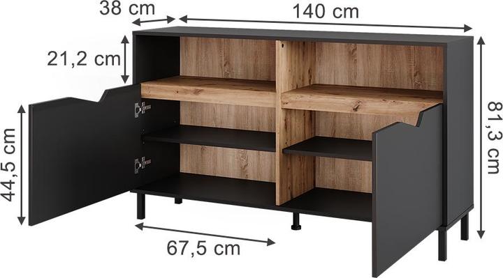 Image du produit Vicco Kommode Marelle, Anthrazit/Artisan, 140 x 81.3 cm mit 2 Türen (140 x 38 x 81.30 cm)