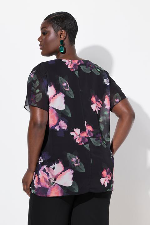 Immagine prodotto Ulla Popken Blusa a doppio strato dal taglio svasato con chiffon, scollo a girocollo e mezze maniche (46, 48)